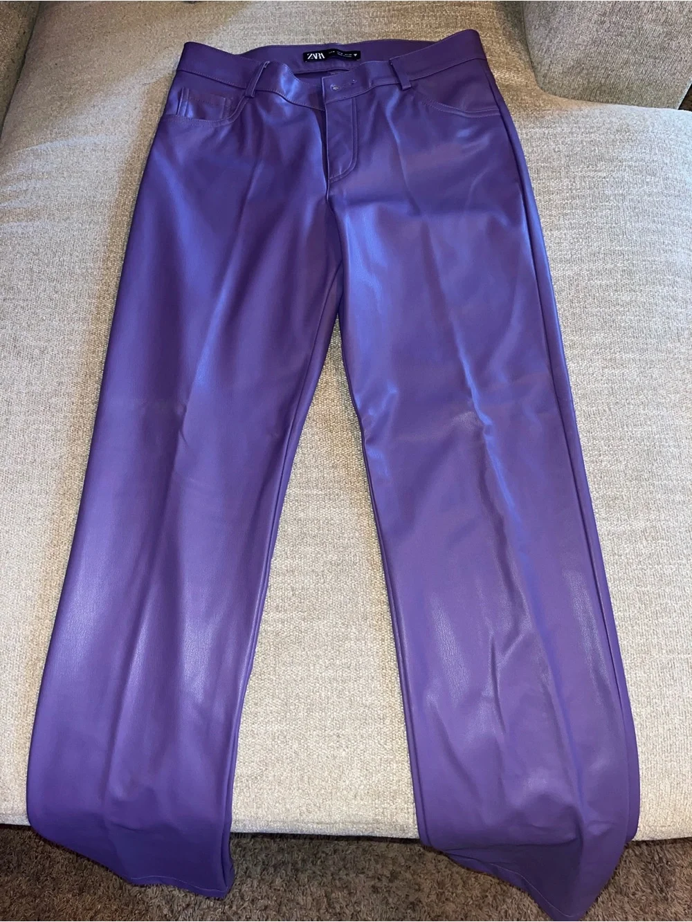 Zara Women's Purple Faux Leather Straight Leg Pants